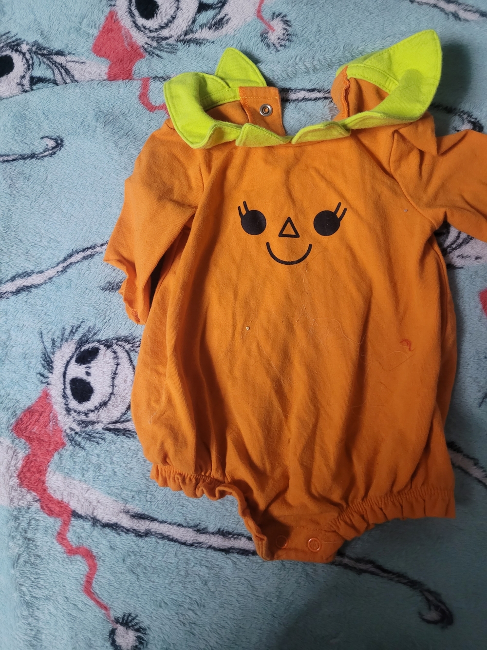 Cat & Jack Orange Pumpkin Face One-Piece Bodysuit with Lime Green Collar